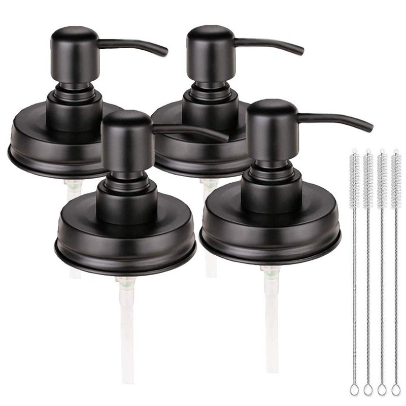 Watsango 4 Pack Mason Jar Soap Dispenser Lids with Pumps, Rustproof Stainless Steel, Lotion Soap Dispenser Lids Replacement for 16 oz Regular Mouth Mason Jar Decor, 4 Brushes Included Black - Image 1